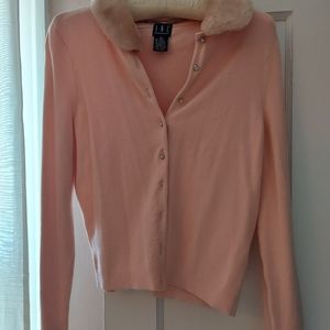 Faux fur collar pink cardigan